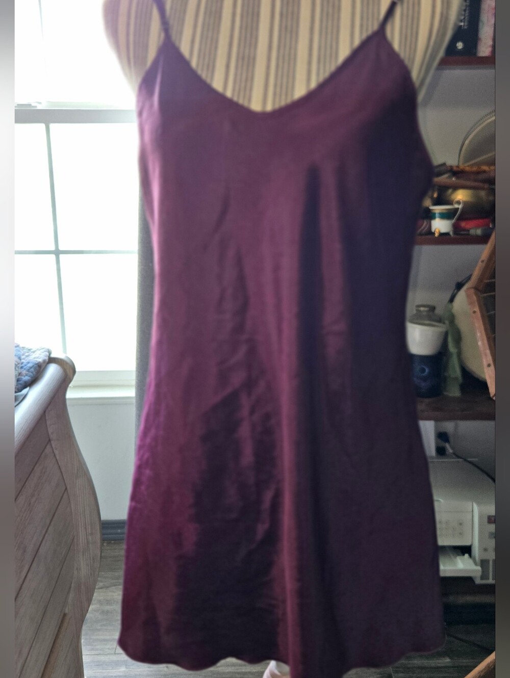 Source Unknown Deep Plum Satin Slip Chemise with Spaghetti Straps